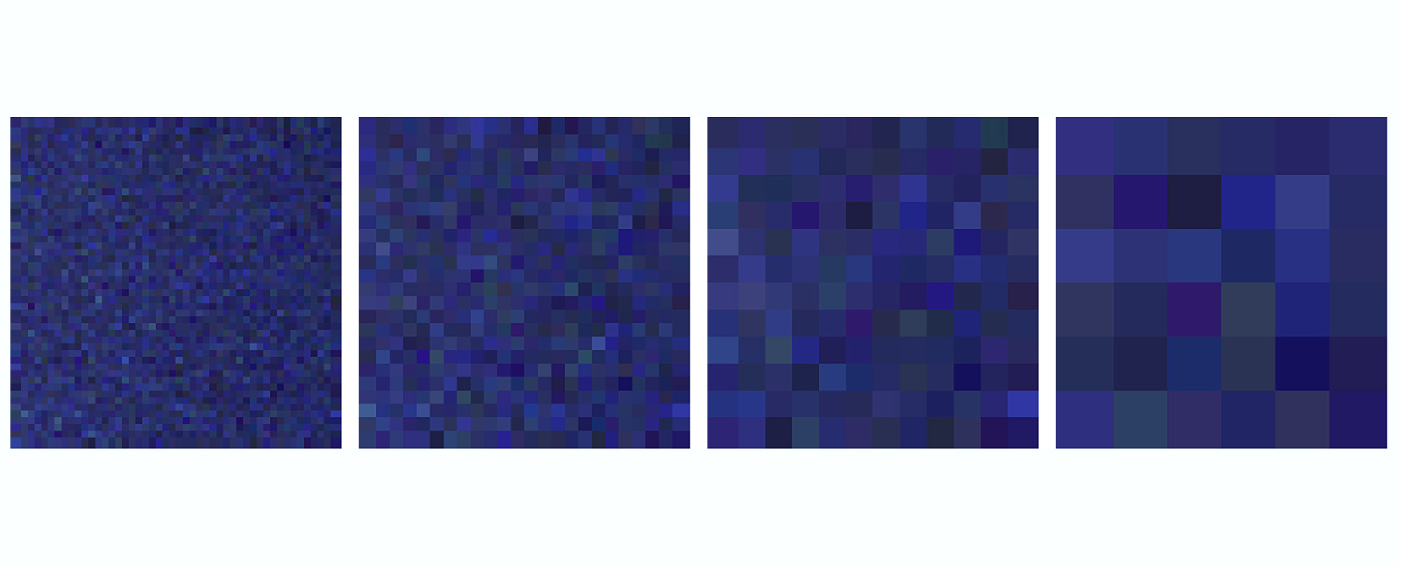 bleu du ciel 2004/38 – 2004 36, 144, 576, 2304 Pixel, Print auf Ilfochrome auf Aludibond, Acrylglas, Auflage 3 Ex., 4 x 40 x 40 cm