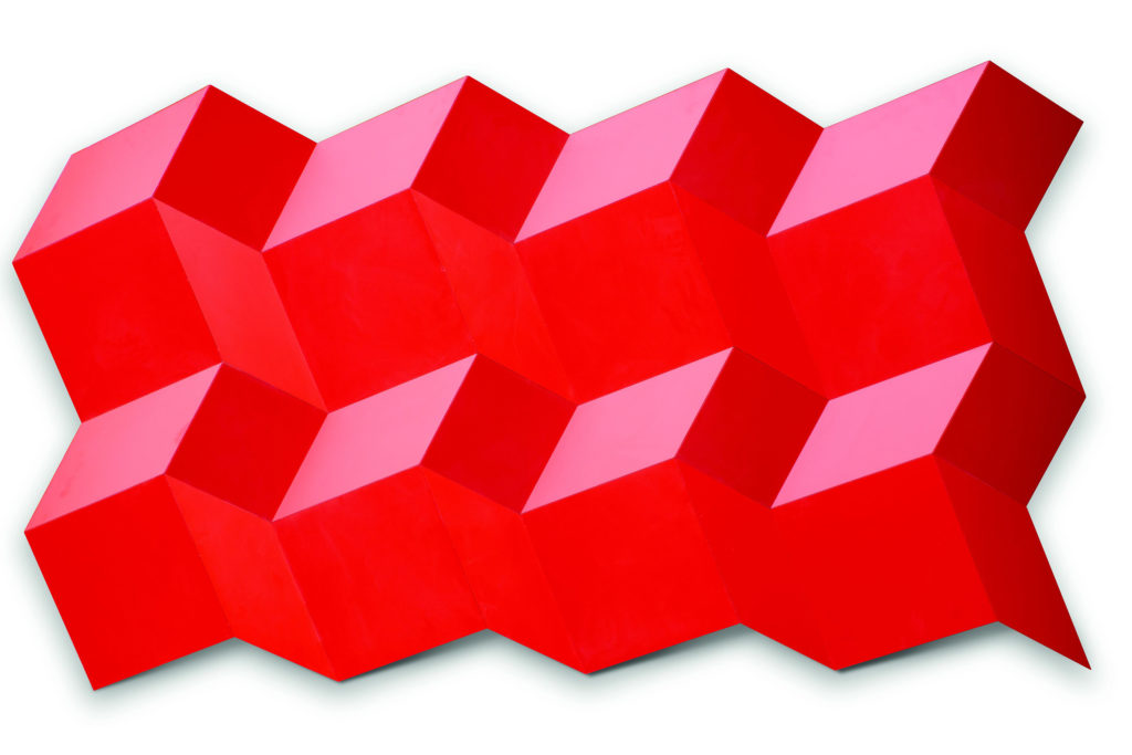 Peter Weber, 16 Quadrate – 2021, Edelstahl pulverbeschichtet rot gefaltet, 145 x 258 x 12 cm